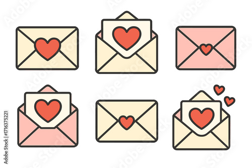 Love letter icon set. Vector cartoon illustration of open and closed envelopes with red hearts. Mail message for Valentine's day, romance, wedding or anniversary greeting.