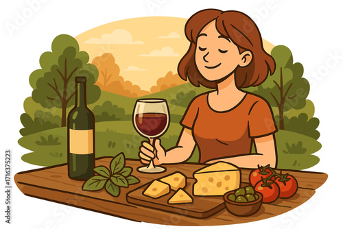 Woman enjoying wine and cheese outdoors. Picnic in nature concept. Girl relaxing with red wine and food. Leisure time. Gourmet appetizer platter. Vector cartoon illustration.