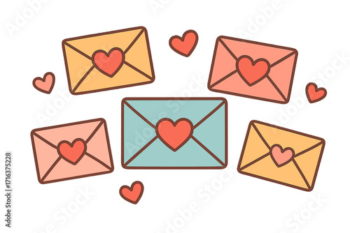 Cute cartoon love letter set. Vector flat illustration of envelopes with hearts. Romantic mail for Valentine's day or wedding. Festive greeting card concept. Isolated on white.