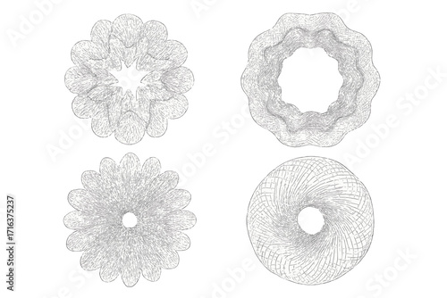 Set of round guilloche ornaments. Abstract vector circle rosette elements for security. Intricate line pattern for banknote, diploma, certificate, voucher, currency, money design.