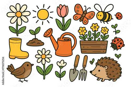 Springtime garden doodle set. Cute cartoon nature and wildlife collection. Vector illustration with flower, bee, hedgehog, bird, butterfly, gardening tools and ladybug.