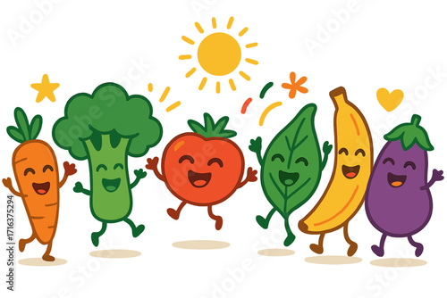 Funny fruits and vegetables characters celebrating. Happy cartoon food mascot dancing under the sun. Healthy eating concept for kids. Vector set of carrot, broccoli, and banana.