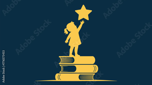 Child reaching for star atop books, symbolizing education, dreams, and aspiration.