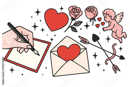 Romantic Valentine’s Day collage with hand writing love letter, red heart envelope, roses, cupid, arrows, and sparkling stars in trendy Y2K style vector illustration