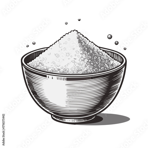 Engraved Style Bowl Filled with Sugar or Salt Crystals and Tiny Bubbles