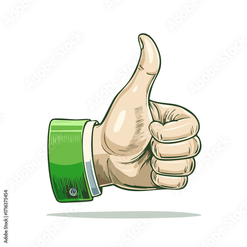 Cartoon hand with thumbs up, gesture of approval and positive feedback