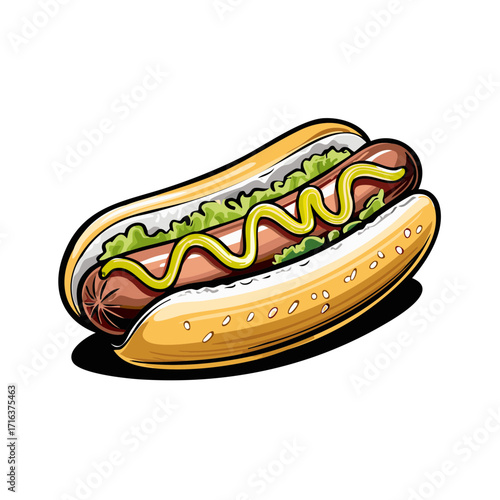 Vibrant cartoon hot dog illustration with mustard and lettuce on a toasted bun
