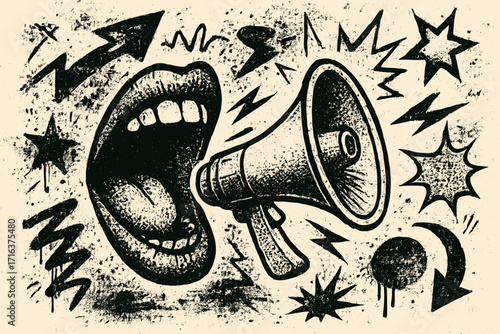 Mouth yelling in loudspeaker announcing final sale and crazy promo. Halftone grunge collage with vintage graffiti elements on a retro poster. Stylish modern vector illustration.