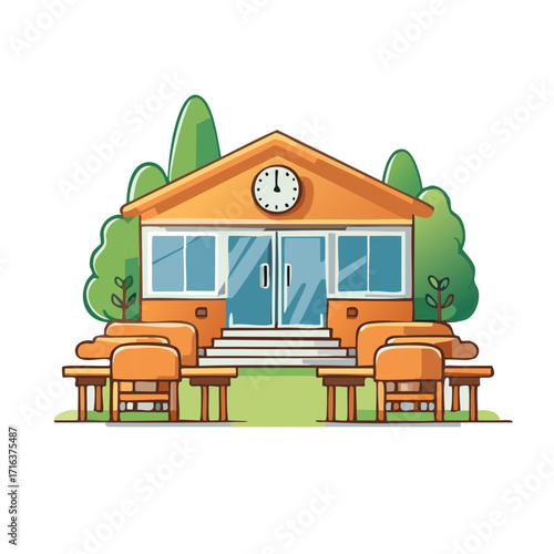 Bright Vector Illustration of a School Building with Outdoor Seating Area for Students