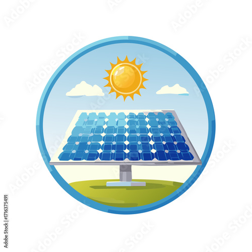 Cartoon illustration of solar panel generating energy from the sun, circle design.