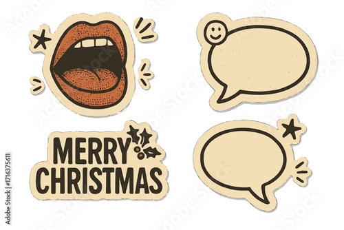 Vintage paper halftone sticker set with open mouth shouting, Merry Christmas greetings, collage style doodle elements, speech bubbles for funny quotes, trendy vector stickers