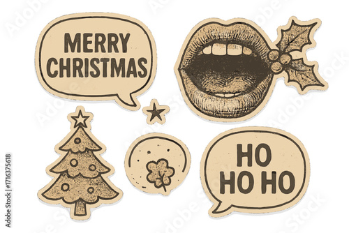 Vintage Christmas holiday stickers set with halftone open mouth, speech bubbles with Merry Christmas and Ho Ho Ho text, doodle style festive collage elements vector