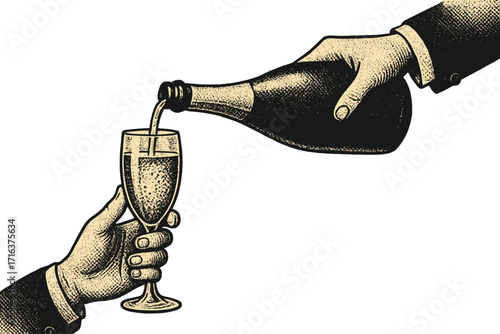 Vintage New Year party poster template with hands pouring champagne from bottle into glass, halftone collage style, celebration, festive drink, retro vector illustration