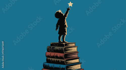 Child reaching for star atop stack of books symbolizing knowledge and aspirations