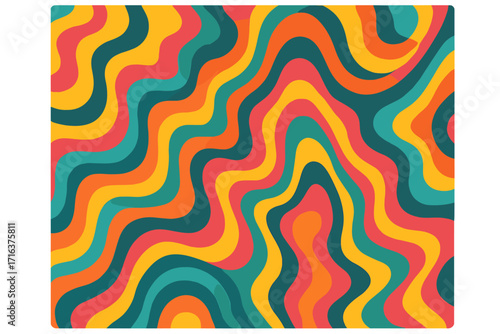 Bright vibrant wavy retro square background with groovy fluid psychedelic abstract design, 60s 70s funky trippy pattern, colorful vivid psychedelic art print