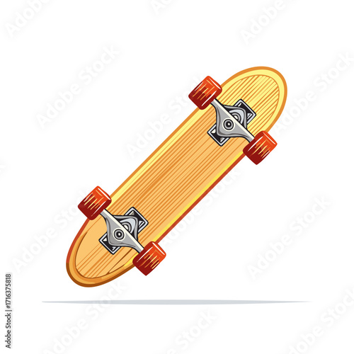 Detailed vector illustration of a classic longboard skateboard with a wooden deck and red wheels