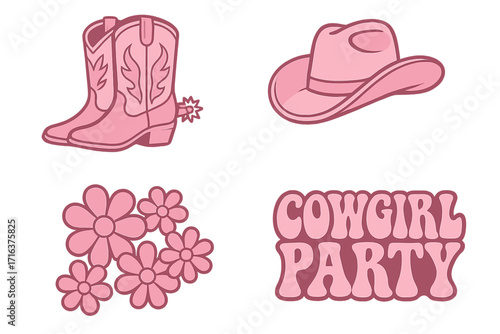 Cowgirl party vector set with pink boots, hat, groovy retro flowers. Western graphic elements for bachelorette party. Girly disco cowgirl theme illustrations for prints.