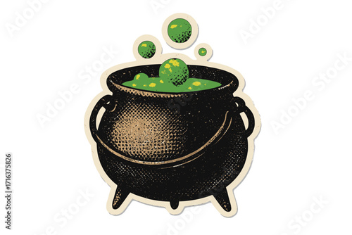 Witch's cauldron with boiling green potion. Halloween witchcraft magic brew. Vector poison elixir with bubbles. Vintage halftone paper sticker style. Retro cartoon design.