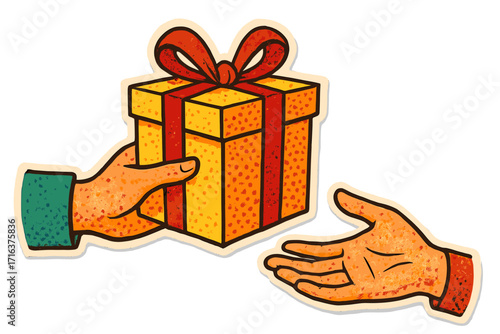 Hand giving gift box. Concept of charity, donation, and generosity. Receiving a present for Christmas or birthday. Retro halftone sticker style vector illustration.