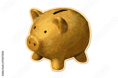Retro golden piggy bank illustration in halftone magazine collage style. Mixed media cutout shape for concepts of savings, money, investment, finance, wealth, and budget.