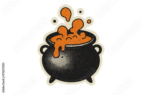 Witches cauldron with bubbling potion. Halloween cartoon sticker illustration. Spooky magic poison brew. Vintage halftone dotted art. Retro alchemy witchcraft concept.