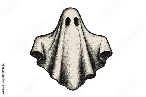 Vintage Halloween ghost illustration, white sheet ghost with halftone dotted texture, offset texture, 90s grunge style spooky cartoon vector clipart, retro Halloween design