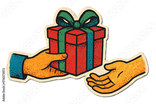 Hand giving gift box present to other hand. Concept of giving, sharing, and charity. Holiday celebration, Merry Christmas, birthday. Retro halftone paper collage sticker style.