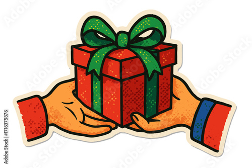 Hands giving gift box with bow. Christmas present concept. Charity, generosity symbol. Retro pop art vector illustration sticker with colorful halftone paper texture.