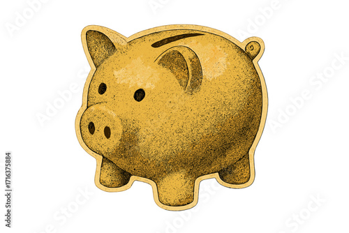 Golden piggy bank in retro halftone style. Finance and savings concept. Vector illustration for investment, wealth, and money themes. Vintage mixed media cutout element.