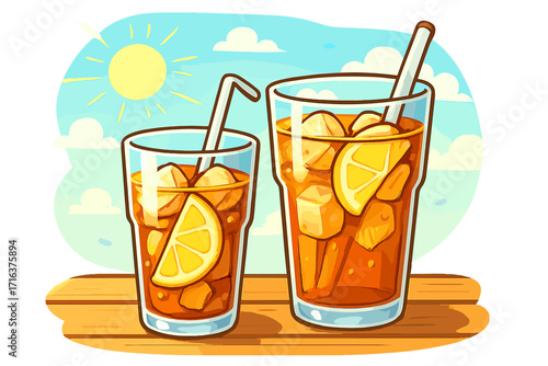 Vector cartoon illustration of refreshing iced tea. Cold summer drink in glass with lemon slices, ice cubes and straw. Sunny day outdoor beverage concept for menu or poster.