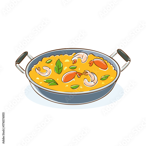 Traditional Spanish seafood paella with shrimp and rice in a pan vector illustration