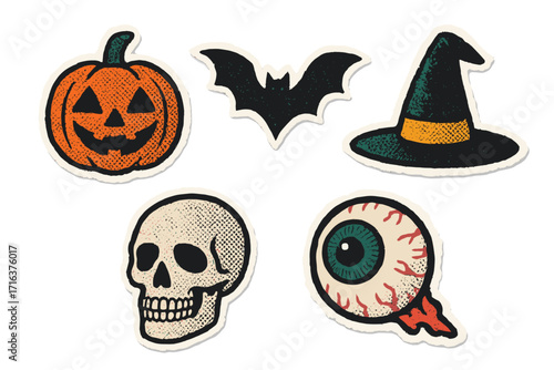 Halloween retro sticker set with halftone effect. Spooky 90s collage elements like pumpkin, bat, witch hat, skull, and eyeball. Vintage horror vector design assets.