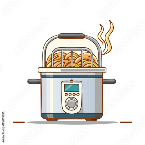 Kitchen appliance with basket full of food cooking and steam rising