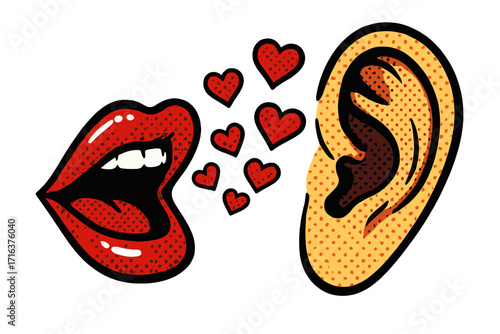 Valentine's Day collage. Open female lips sending hearts to an ear. Love message, secret whisper, gossip concept. Retro pop art vector template in dotted halftone zine style.