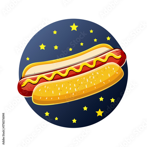 Stylized hot dog with mustard in bun on dark blue starry background cartoon vector illustration