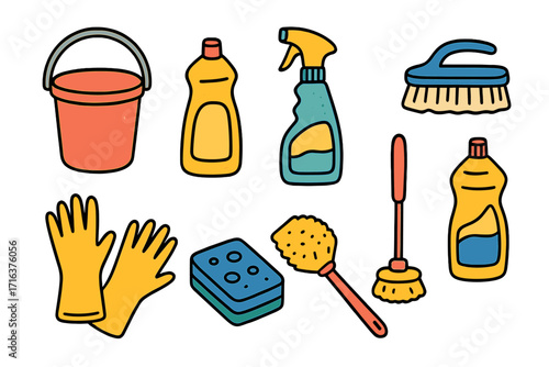 Set of household cleaning supplies icons in flat hand-drawn style. Vector collection of washing tools like bucket, spray bottle, brush, sponge, gloves. Isolated graphic elements.