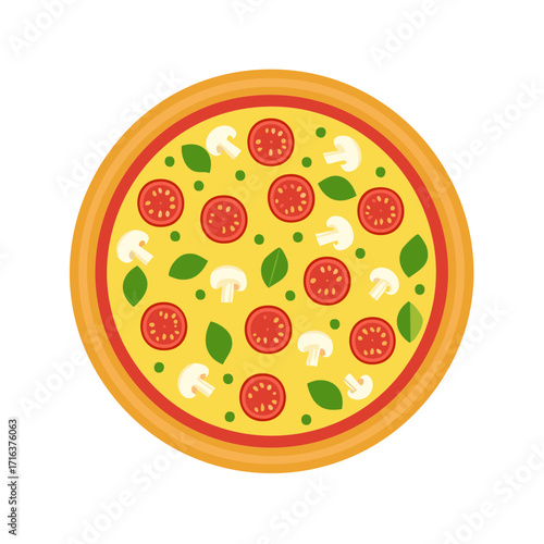 Delicious whole pizza with fresh tomato and mushroom toppings flat vector illustration