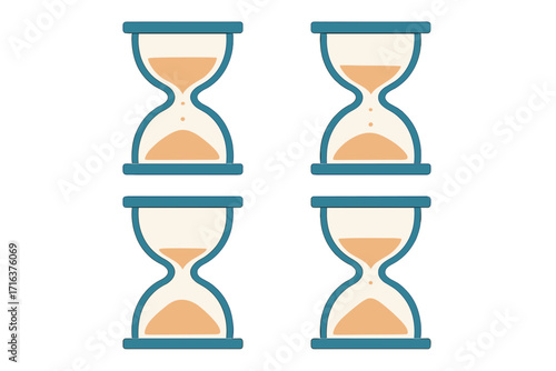 Hourglass vector icon set in flat style. Passage of time, sandglass, and sand clock concept. Time management, deadline, countdown, and urgency metaphor. Minimalist design.