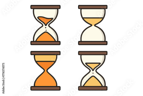 Set of hourglasses in flat vector style. Collection of sand clocks illustrating passage of time, deadline, and countdown. Minimalist design for concepts of balance, symmetry, and urgency.