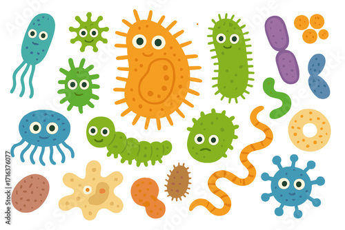 Cute cartoon bacteria, virus, and germs character set. Vector illustration collection of various microorganisms, microbes, and pathogens. Biology science flat design icons.