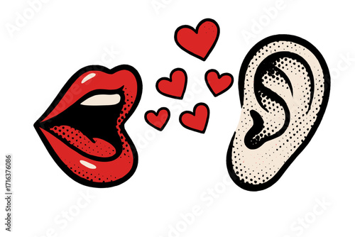 Valentine's Day collage art. Open female lips with flying hearts to ear. Love message, sweet nothings concept. Vector illustration in halftone, dotted zine style. Contemporary pop art.