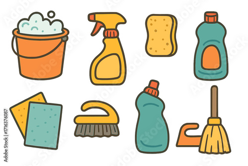 Household cleaning supplies icon set. Vector collection of washing tools in flat cartoon style. Housework equipment concept with bucket, detergent, spray, and brush.