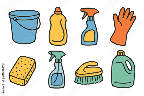 Household cleaning supplies icon set. Hand drawn vector illustration in flat style. Washing tools, housekeeping equipment. Bucket, spray bottle, sponge, glove, brush, detergent.