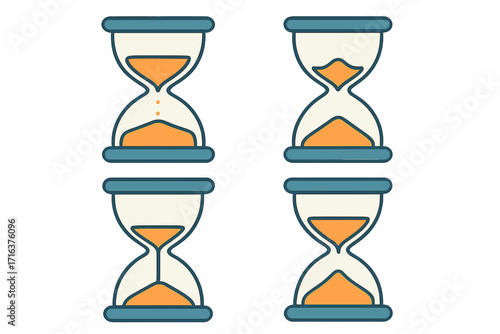 Set of hourglass icons showing passage of time. Sandglass timer counting down. Concept of deadline, process, cycle, and waiting. Minimalist flat vector cartoon illustration.