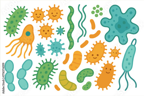 A diverse collection of cute cartoon microorganisms. Vector set of funny microbes, happy bacteria, viruses, and germs. Flat biology science characters for kids education.