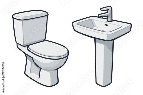 Modern toilet and pedestal sink vector illustration set. Bathroom fixtures in a minimalist design. Ceramic sanitary ware clipart for restroom, washroom, or WC. Isolated items.