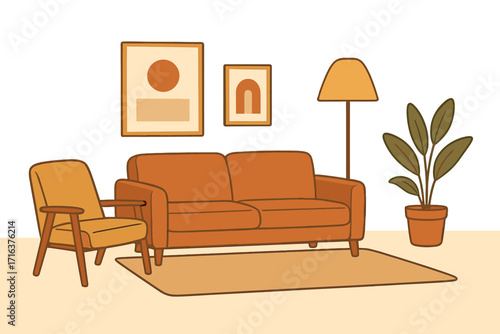 Cozy living room interior design in warm tones. Mid-century modern furniture with couch and armchair. Home decor scene with minimalist art and plant. Vector illustration.