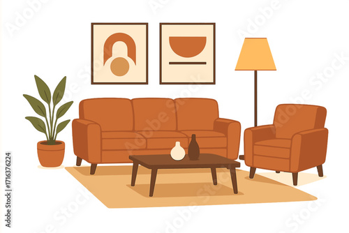 Modern living room interior design with cozy furniture. Vector cartoon illustration of a comfy sofa, armchair, coffee table, plant, lamp and minimalist wall art. Home decor concept.