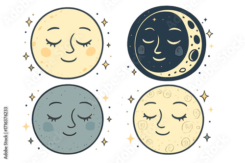 Moon character face illustration set. Cute smiling and sleeping moons with stars. Whimsical celestial kid design element. Vector cartoon graphic for nursery or astrology.