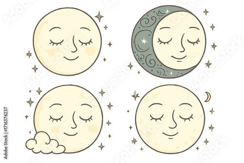 Set of cute sleeping moon characters. Whimsical cartoon vector illustration with serene face, stars, and crescent. Celestial body for mystical, esoteric, or astrology design.